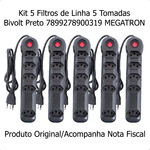 Kit de 5 Unidades Filtro de Linha 5 Tomadas Bivolt Preto com Liga / Desliga MEGATRON